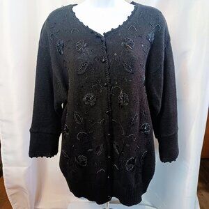 Vintage Kathie Lee Black Beaded Floral Cardigan Sweater XL 55% Ramie 45% Cotton